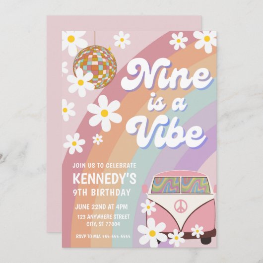 Negen is een vibe 9e verjaardag uitnodiging groovy (Voorkant / Achterkant)