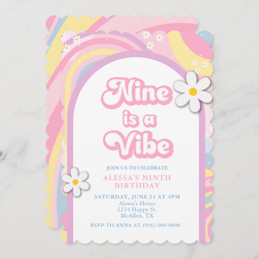 Negen is een Vibe Groovy, Retro Meisje Pastel Kleu Kaart (Voorkant / Achterkant)