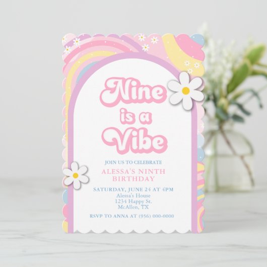 Negen is een Vibe Groovy, Retro Meisje Pastel Kleu Kaart (Staand voorkant)