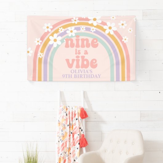 Negen is een Vibe Pastel regenboog 9e verjaardag Spandoek (Insitu)