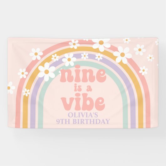 Negen is een Vibe Pastel regenboog 9e verjaardag Spandoek (Horizontaal)