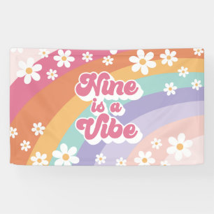Negen is een Vibe Retro Rainbow 9e verjaardag Spandoek