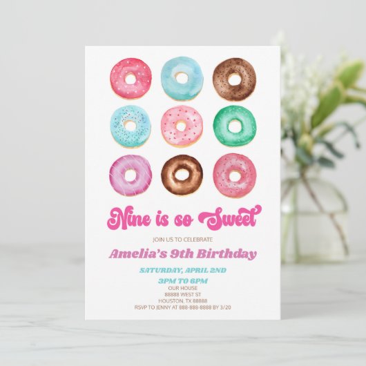 Negen is zo lief donut 9e verjaardagsfeest kaart (Staand voorkant)