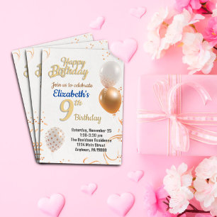 Negen jaar oude meisjes verjaardagsuitnodiging folie uitnodiging