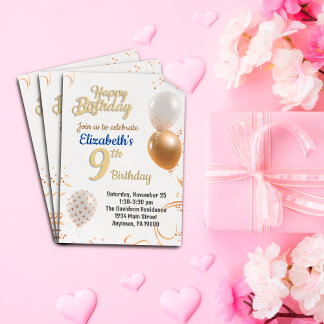 Negen jaar oude meisjes verjaardagsuitnodiging folie uitnodiging
