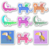 Negen Kleurrijke Cute Gevarieerde Dieren en Vogels Sticker (Voorkant)