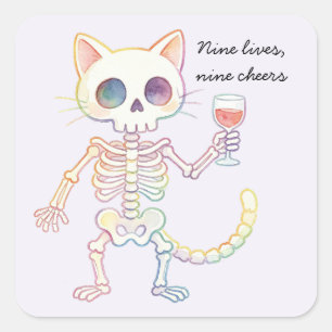 Negen Levens Negen Cheers Schattige Skelet Kat Hal Vierkante Sticker