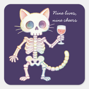 Negen Levens Negen Cheers Schattige Skelet Kat Hal Vierkante Sticker
