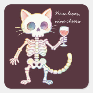Negen Levens Negen Cheers Schattige Skelet Kat Hal Vierkante Sticker