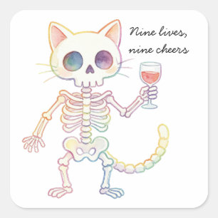 Negen Levens Negen Cheers Schattige Skelet Kat Hal Vierkante Sticker