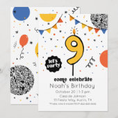 Negende verjaardag kaars Doodle uitnodiging (Voorkant / Achterkant)