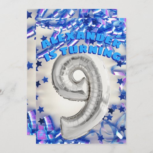 Negende Verjaardag Zilver en Blauwe Leeftijd 9 Jon Kaart (Voorkant / Achterkant)