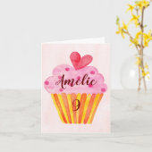 negende verjaardagskaart - waterverf cupcake kaart (Gele Bloem)