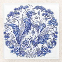 Negenstaartige Vos Kitsune Imari Stijl Blauw Wit