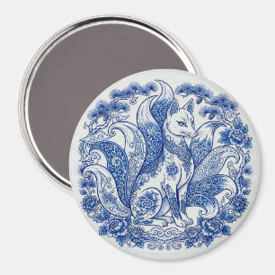 Negenstaartige vos Kitsune Imari stijl blauw wit Magneet