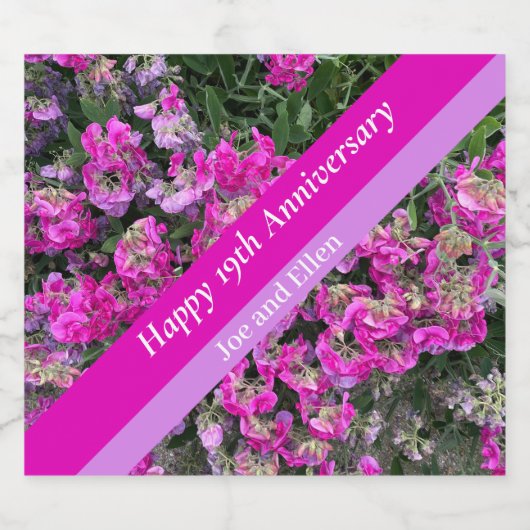 Negentiende bruiloft Jubileum Sweet Pea Sparkling Wijnetiket (Enkel label)