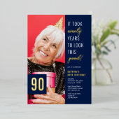 Negentig 90e verjaardag Foto Blue & Gold Party Rea Folie Uitnodiging (Staand Voorkant)