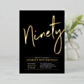 negentig | Modern Goud & Zwart 90ste verjaardagsfe Folie Uitnodiging (Staand Voorkant)
