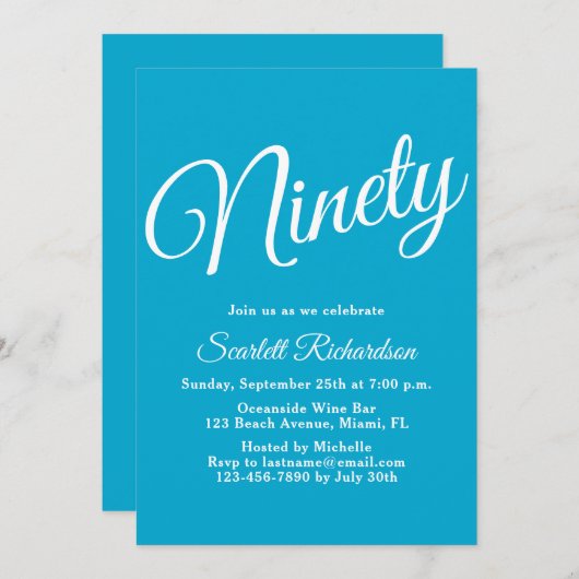 Negentig Modern Script Aqua Blue 90ste verjaardags Kaart (Voorkant / Achterkant)