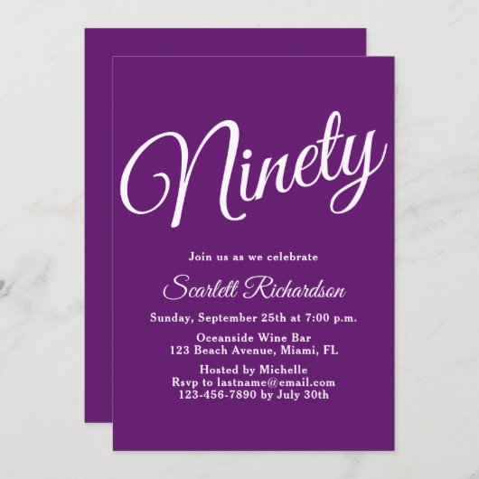Negentig Modern Script Herfst Paarse 90ste verjaar Kaart (Voorkant / Achterkant)