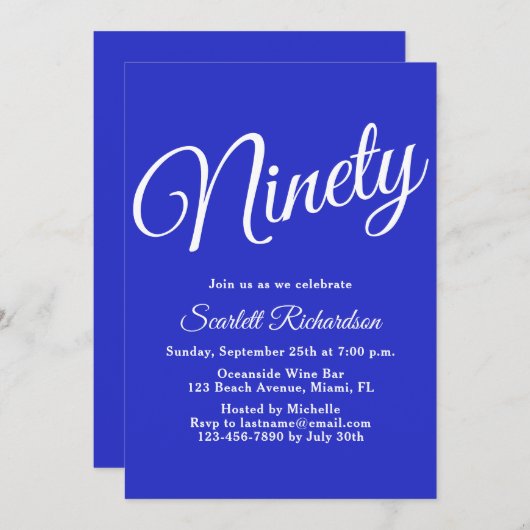 Negentig Modern Script Royal Blue 90ste verjaardag Kaart (Voorkant / Achterkant)