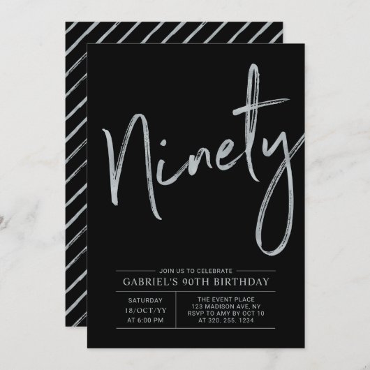 negentig | Modern zilver & zwart 90ste verjaardags Kaart (Voorkant / Achterkant)
