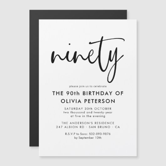 negentig | Moderne 90e zwart-wit verjaardagsfeest Magnetische Uitnodiging (Voorkant / Achterkant)