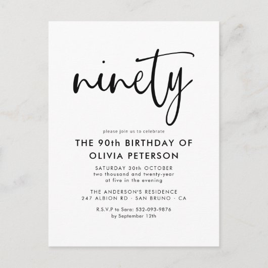 negentig | Moderne 90e zwart-wit verjaardagsfeest Uitnodiging Briefkaart (Voorkant)