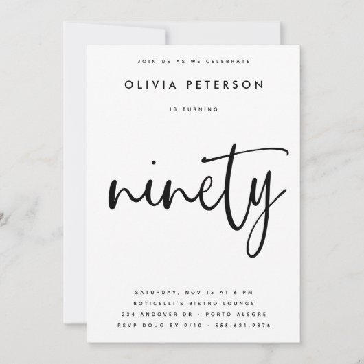 negentig | Moderne B & W 90e verjaardag partij typ Kaart (Voorkant)