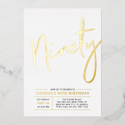 negentig | Moderne goudprijs 90e verjaardag Folie Uitnodiging (Voorkant)