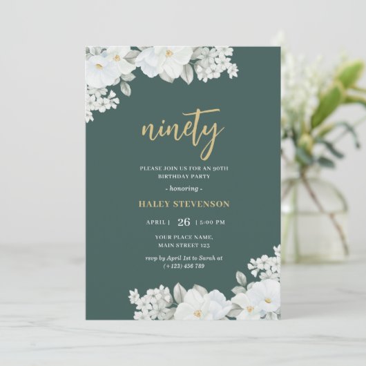 Negentig Smaragd Groen & Goud Wit Bloemen Verjaard Kaart (Staand voorkant)