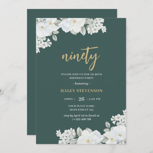 Negentig Smaragd Groen & Goud Wit Bloemen Verjaard Kaart (Voorkant / Achterkant)