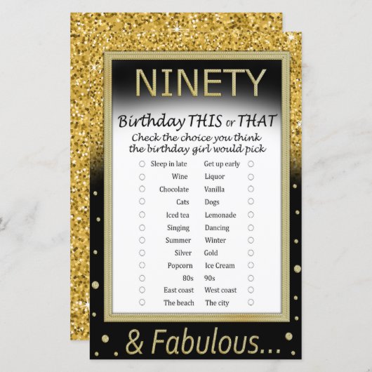 Negentig verjaardag Dit of dat spel (Voorkant / Achterkant)
