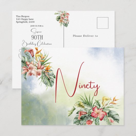 Negentigste 90ste verjaardag Tropische Bloemen Uit Briefkaart (Voorkant / Achterkant)