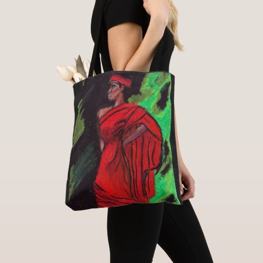 NEGRO VROUW IN RODE TOTE BAG (Dichtbij)
