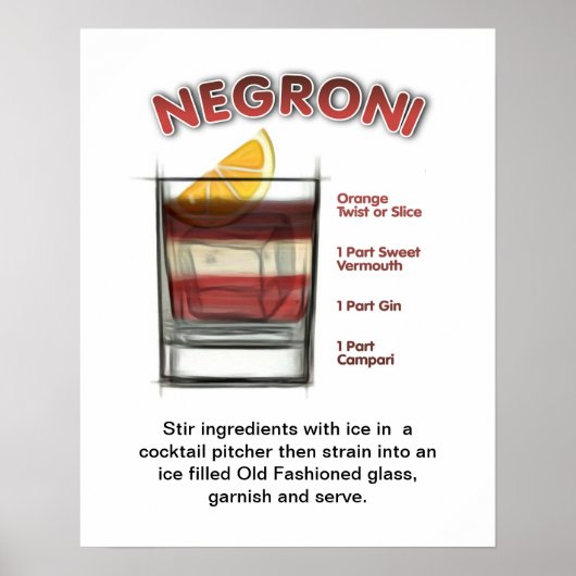 NEGRONI 16 x 20-inch Cocktail Recipe Art. Poster (Voorkant)