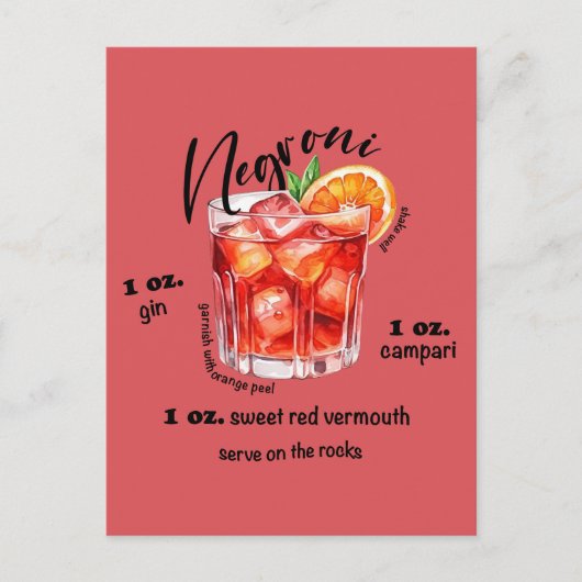 Negroni Recept Cocktail Bar Keuken Kunst Briefkaart (Voorkant)