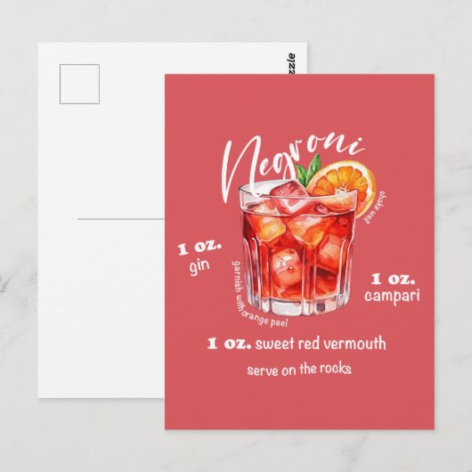 Negroni Recept Cocktail Bar Keuken Kunst Briefkaart (Voorkant / Achterkant)