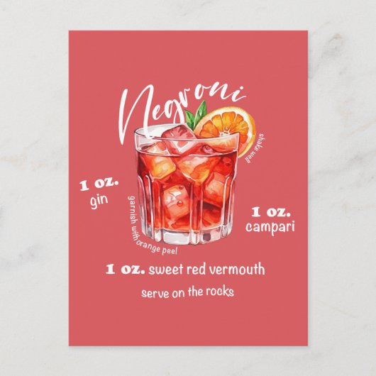 Negroni Recept Cocktail Bar Keuken Kunst Briefkaart (Voorkant)