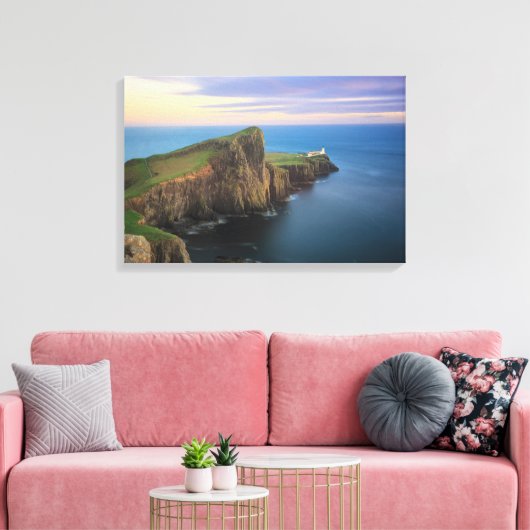 Neist point vuurtoren op Skye bij zonsondergang Canvas Afdruk (Insitu (Woonkamer))