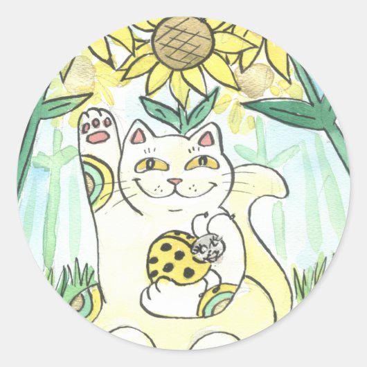 Neko Cat with The Lucky Ladybug: Ms Sunflower Ronde Sticker (Voorkant)