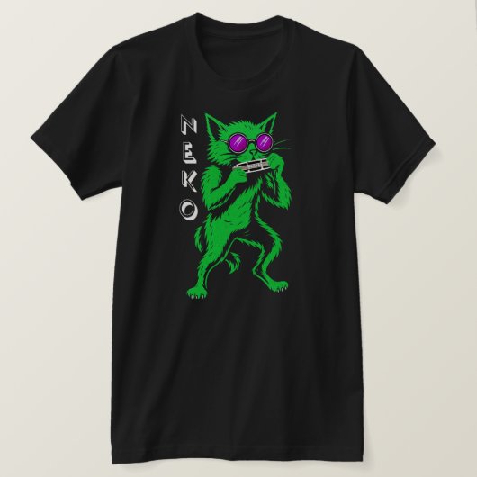Neko Harmonica Blues Cat T-shirt. Neko betekent ka T-shirt (Design voorkant)