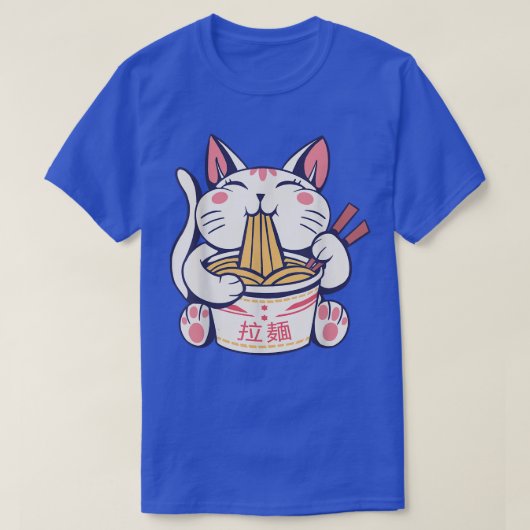 Neko Kat Eating Ramen met knuppels T-shirt (Design voorkant)