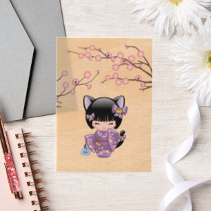 Neko Kokeshi Cat Ears Geisha Girl Yellow Insert Vellum Uitnodigingen