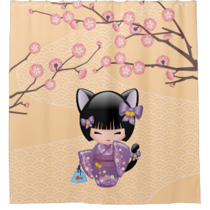 Neko Kokeshi Doll Cat Ears Geisha Girl Yellow Douchegordijn