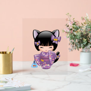 Neko Kokeshi Doll - Kat Ears Geisha Girl Acryl Bord
