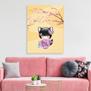 Neko Kokeshi Doll - Kat Ears Geisha Girl Canvas Afdruk