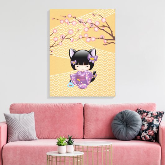 Neko Kokeshi Doll - Kat Ears Geisha Girl Canvas Afdruk (Insitu (Woonkamer))