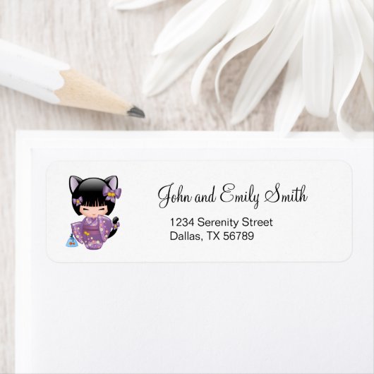 Neko Kokeshi Doll - Kat Ears Geisha Girl Etiket (Insitu)