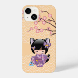 Neko Kokeshi Doll - Kat Ears Geisha Girl iPhone 14 Hoesje